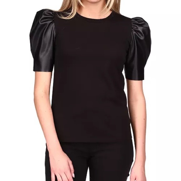 Michael Kors Tops - Michael Kors Black Puff Sleeve Top Faux Leather Mixed Media XL